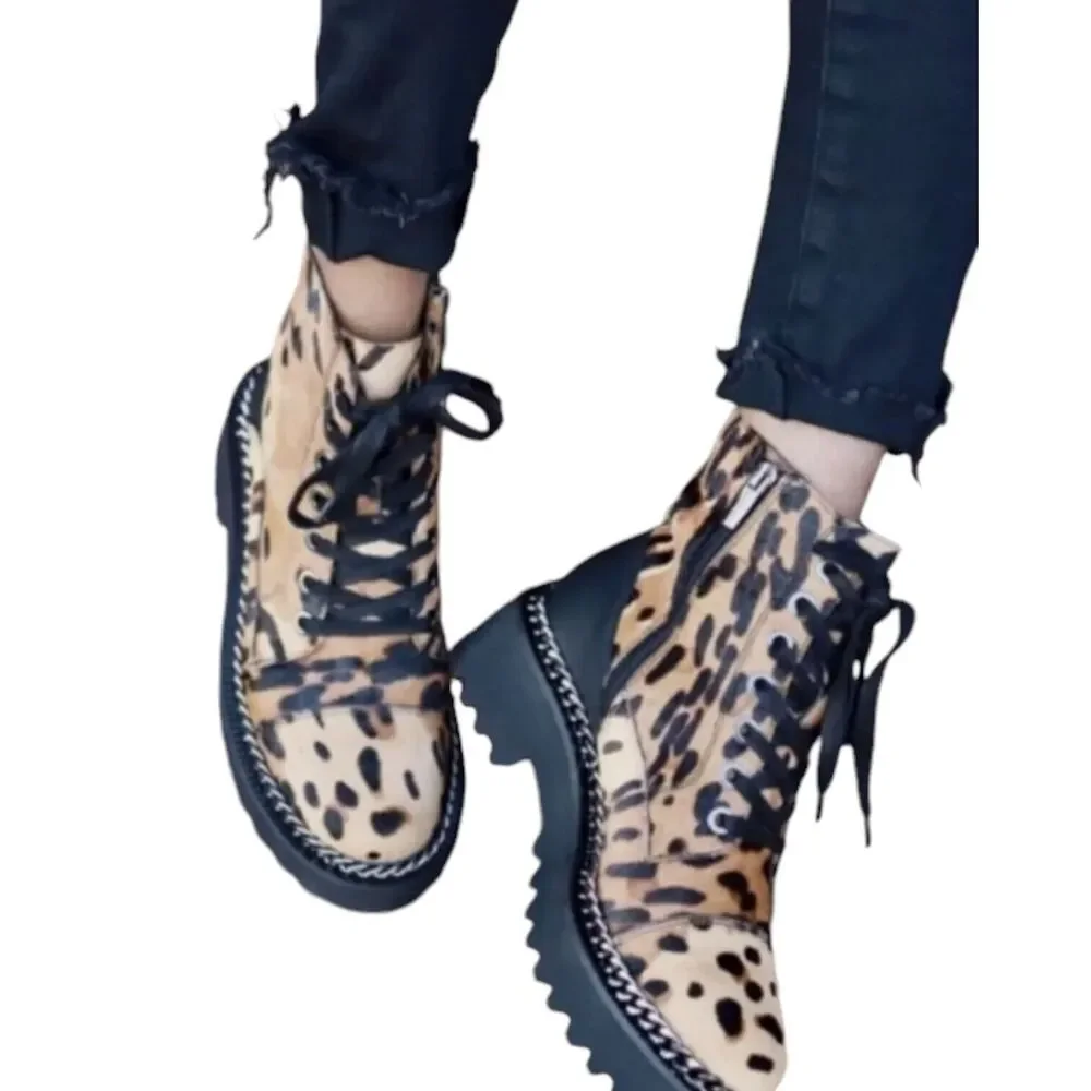 Vince Camuto Mindinta Cowhair and Leather Leopard Print Combat Ankle Boots 5.5‎